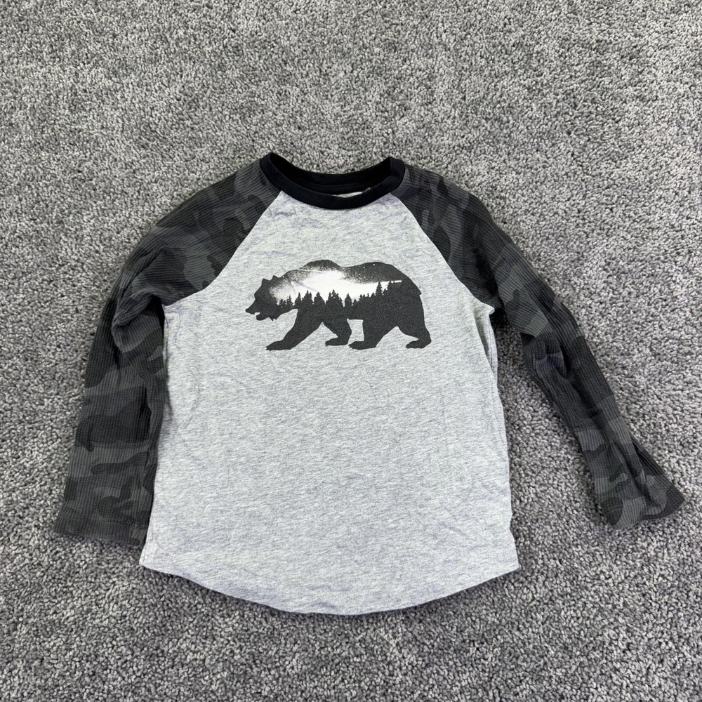 Old Navy Shirt Boys 6-7 Gray Camo Raglan Bear Graphic Long Sleeve Tee Tagless